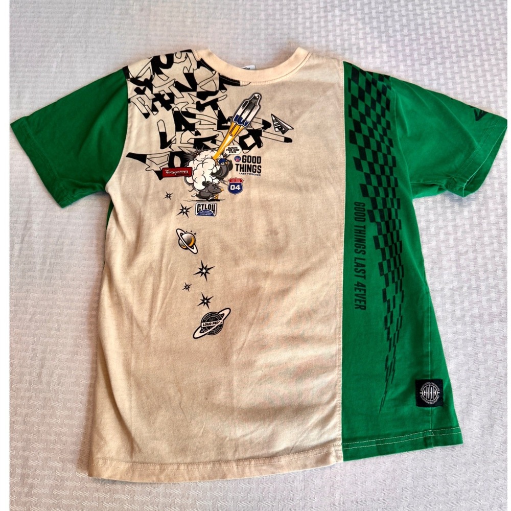 GTL4 Kids Graphic Tee Green Cream Racing Space Skater Shirt Size L 14-16